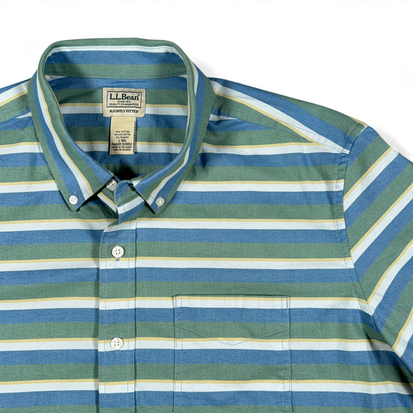 LL Bean Shirt Adult LARGE Blue Green Yellow Striped Fitted Stretch Outdoor - Picture 2 of 10